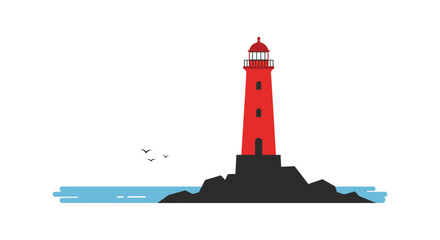 A red lighthouse on a rocky island with birds flying nearby ocean water © MIRAJ02
