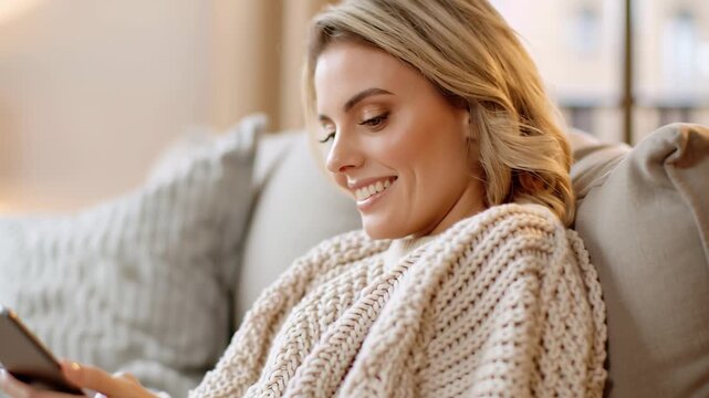 Blond woman smiling, browsing smartphone in soft knitwear, lounging comfortably on living room sofa during tranquil evening at home