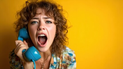 A woman passionately shouting into a retro blue telephone, highlighting emotions of excitement and urgency, set against a vibrant yellow background that amplifies the mood.
