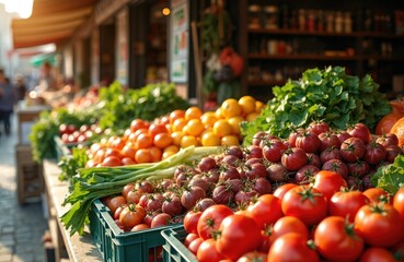 Obraz premium Vibrant street market stall overflowing with fresh fruits, vegetables under bright sunny daylight. Colorful produce includes ripe tomatoes, oranges, leafy greens arranged attractively. Local shop