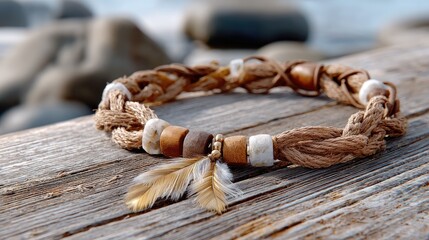 Close-up of Handcrafted Bone and Wood Necklace on Driftwood