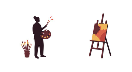 Artist standing with easel and painting supplies in a creative studio setup