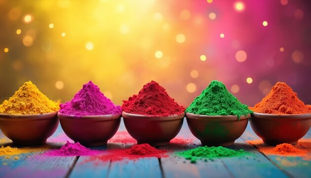 Vibrant Holi colors in clay pots arranged in a row. Yellow, pink, red, green, and orange powders for India festival of colors. Blurred bokeh background with warm lights creates a festive atmosphere.