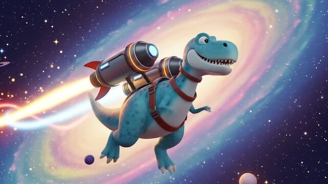 3d animated blue dinosaur flying with rocket backpack in vibrant galaxy space scene.