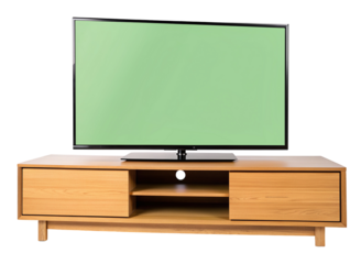 Modern flat screen television on stylish wooden media console with green screen background front