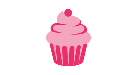 A pink cupcake with swirly frosting on top is shown in a simple graphic illustration style