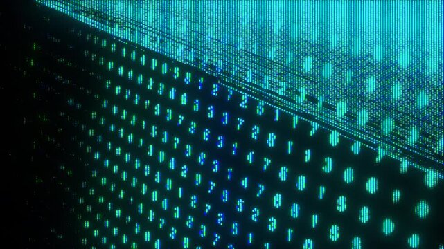 4K Scrolling matrix of glowing green digits with CRT glitch, pixel distortion and analog flicker for cyberpunk motion graphics, glitchcore data overlays, dystopian tech UI