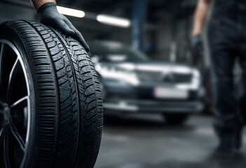 close-up of an auto mechanic wearing gloves while holding a new tire with tread beside modern cars against a dark background, view symbolizing repair service and automotive detail