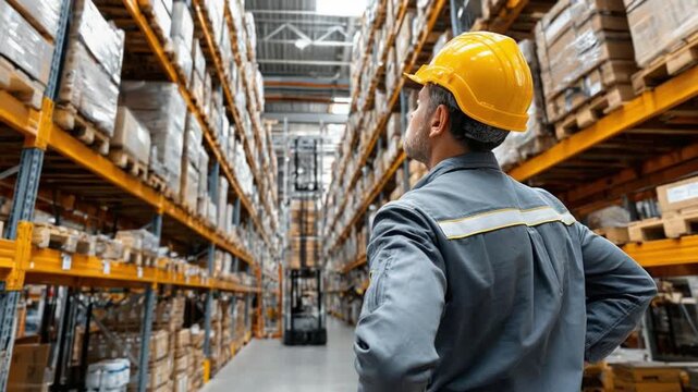 Warehouse Manager Inspecting: A focused manager, wearing a yellow safety helmet and work attire, thoughtfully surveys the organized rows of inventory in a warehouse.