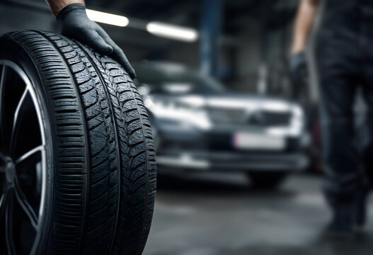 close-up of an auto mechanic wearing gloves while holding a new tire with tread beside modern cars against a dark background, view symbolizing repair service and automotive detail - Powered by Adobe
