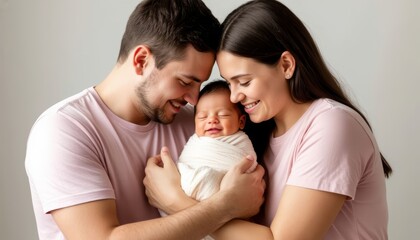 Naklejka premium Loving parents cuddling newborn infant, soft blanket embracing tiny body, radiating warmth and intimate bonding in serene family setting
