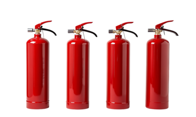Red fire extinguishers standing in a row on black background readiness for emergency situations