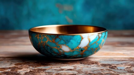 A beautifully designed turquoise bowl adorned with gold accents, placed on a textured stone surface against a complementary backdrop, showcasing luxury and style.