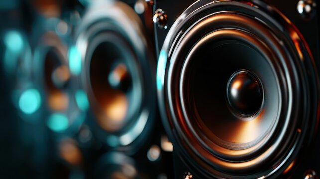 An artistic portrayal of sleek and modern speakers, showcasing their impressive design and emphasizing sound quality, perfect for music lovers who appreciate aesthetics.