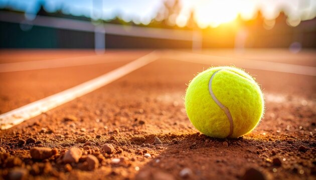 A single yellow tennis ball sits on the empty court, the bright color a splash against the blue and green - Powered by Adobe