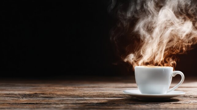 A steaming cup of coffee rests on a rustic wooden table, emitting warmth and inviting comfort, a perfect depiction of a cozy moment to savor and enjoy.