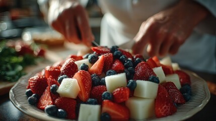Chef Preparing Fresh Fruit Salad with Strawberries, Blueberries, and Melon Cubes on a Plate, Healthy Eating Concept