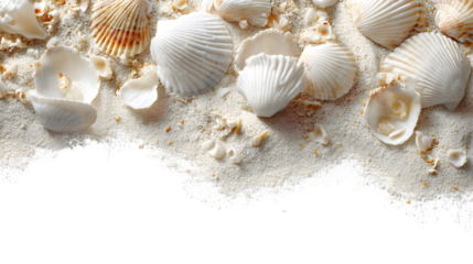 White seashells are scattered across smooth sand