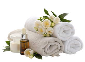 Luxurious spa towels with delicate flowers and essential oils for a serene relaxation experience
