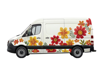 Floral van design with colorful flower graphics for delivery business or creative advertisement use