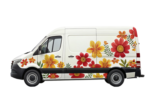 Floral van design with colorful flower graphics for delivery business or creative advertisement use