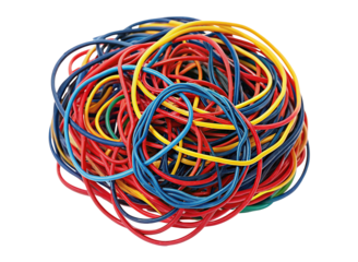 Colorful intertwined rubber bands in a tangled vibrant pile of elasticity and organization