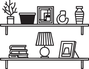 Shelves with decor vector illustration: books, plants, lamp, and artwork eps silhouette