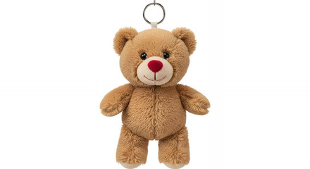 Cute keychain plush teddy bear toy with a cheerful expression hanging against a white background
