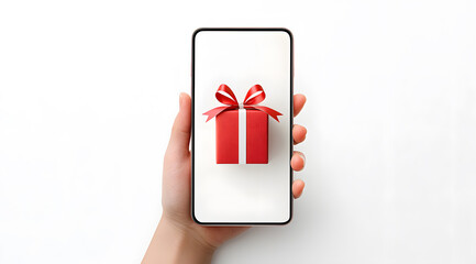 Smartphone with present box on screen isolated on white. Modern concept of mobile e-commerce, online gift delivery, festive shopping apps and digital promotional campaigns.
