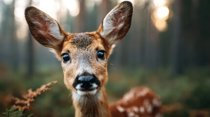 A captivating close-up portrait of a young deer in a serene forest, capturing its innocent beauty and the enchanting atmosphere of nature's wilderness surroundings.