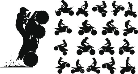 Quad bike silhouette vector illustration of ATV rider performing stunts, off-road extreme sport icons collection, adventure racing design set © Snigdha Creatives