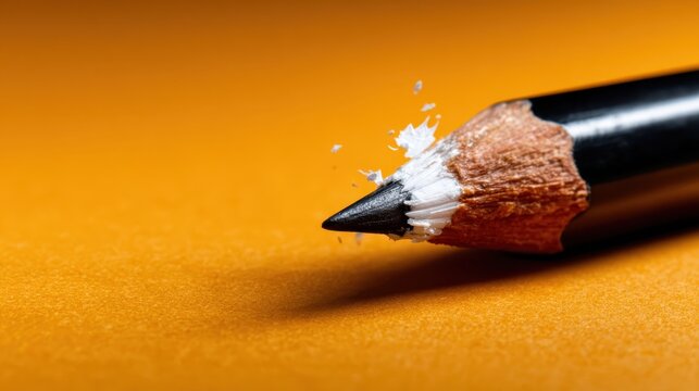 A detailed close-up of a sharpened black pencil with a white core against a bright orange background showcasing the precision and beauty of artistic tools and creativity.
