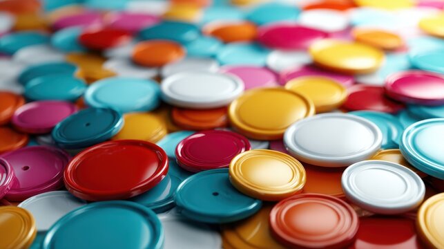 A vibrant collection of assorted buttons in various colors rests on a soft surface, showcasing their diverse shapes and hues, perfect for arts, crafts, and creative projects.