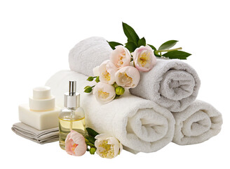 Luxurious spa towels with floral arrangement and essential oils for relaxation and rejuvenation