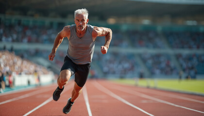 Senior male sprinter runs on track in stadium. Athlete demonstrates speed and determination during race. Focus on fitness and sportsmanship. Healthy lifestyle for seniors.
