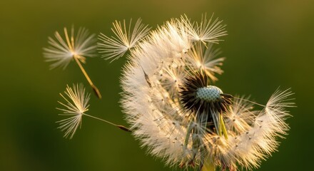 Obraz premium Dandelion clock in the golden hour with seeds dispersed in the breeze
