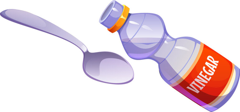 Cartoon plastic vinegar bottle with red label and open cap tilted over shiny silver spoon representing cooking process and food preparation. Vector kitchen utensil and condiment ingredient