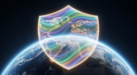 Glowing Shield Protecting Earth Featuring World Map Outline and Aurora Borealis.