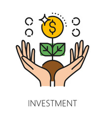 Investment growth, business color line icon or symbol. Business capital startup outline vector symbol, trade and finance sign. Investment fund company icon with money plant growing in human hands