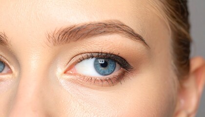 Obraz premium Close-up view of a woman's face showcasing expertly applied eye makeup, with a focus on the light-catching hazel tones of the eyes and brows.