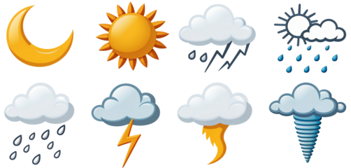 Weather icons depicting sun, moon, clouds, rain, thunder, lightning, and storm conditions