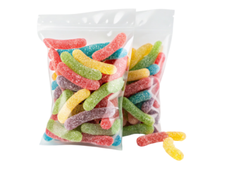 Colorful gummy worms in resealable bags for candy lovers' parties or sweet tooth satisfaction