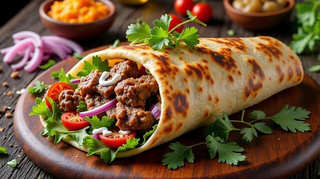 Delicious shawarma top down perspective in rich colors, presented in street food style, perfect for food blogs and culinary promotions