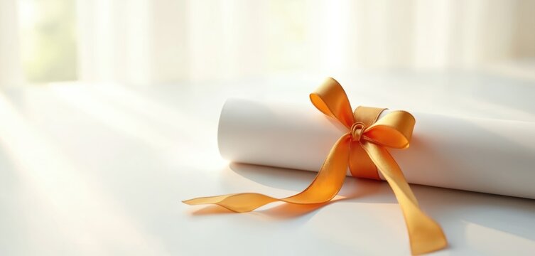 Rolled white certificate tied with elegant orange ribbon, presented in soft lighting. Award document achievement, recognition, suitable for formal ceremonies, graduations, as congratulatory gift.