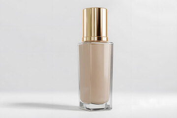 Naklejka premium Beige foundation bottle with pump on white background. Modern cosmetic packaging mockup for beauty branding and product design.