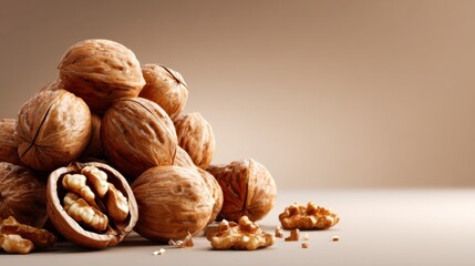 A visually appealing arrangement of whole walnuts with cracked shells, highlighting their rich texture, health benefits, and versatility in culinary applications and snacks.