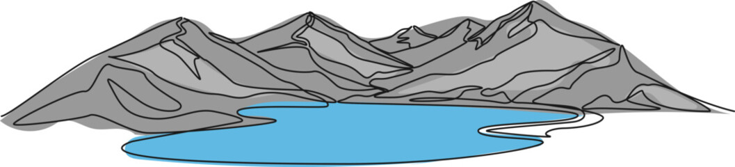 continuous single line drawing of mountain landscape with lake in foreground, line art vector illustration