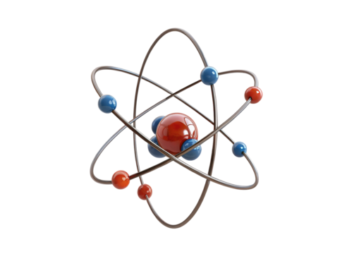 3d illustration of atomic structure with orbit paths around central nucleus and electrons