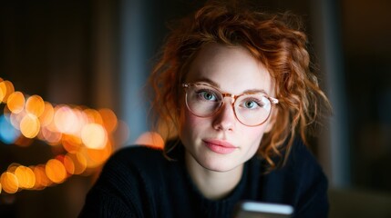 A captivating portrait of a ginger-haired woman wearing glasses, exuding a thoughtful expression against a softly lit backdrop, ideal for portraying modern beauty and introspection.