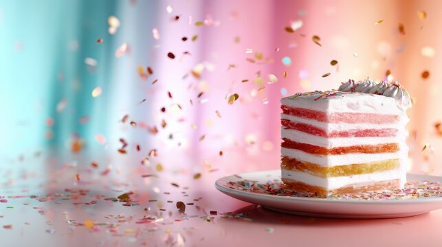 A vibrant layered cake adorned with colorful stripes and sweet sprinkles, perfect for celebrations and gatherings, radiating joy and delight in its presentation.